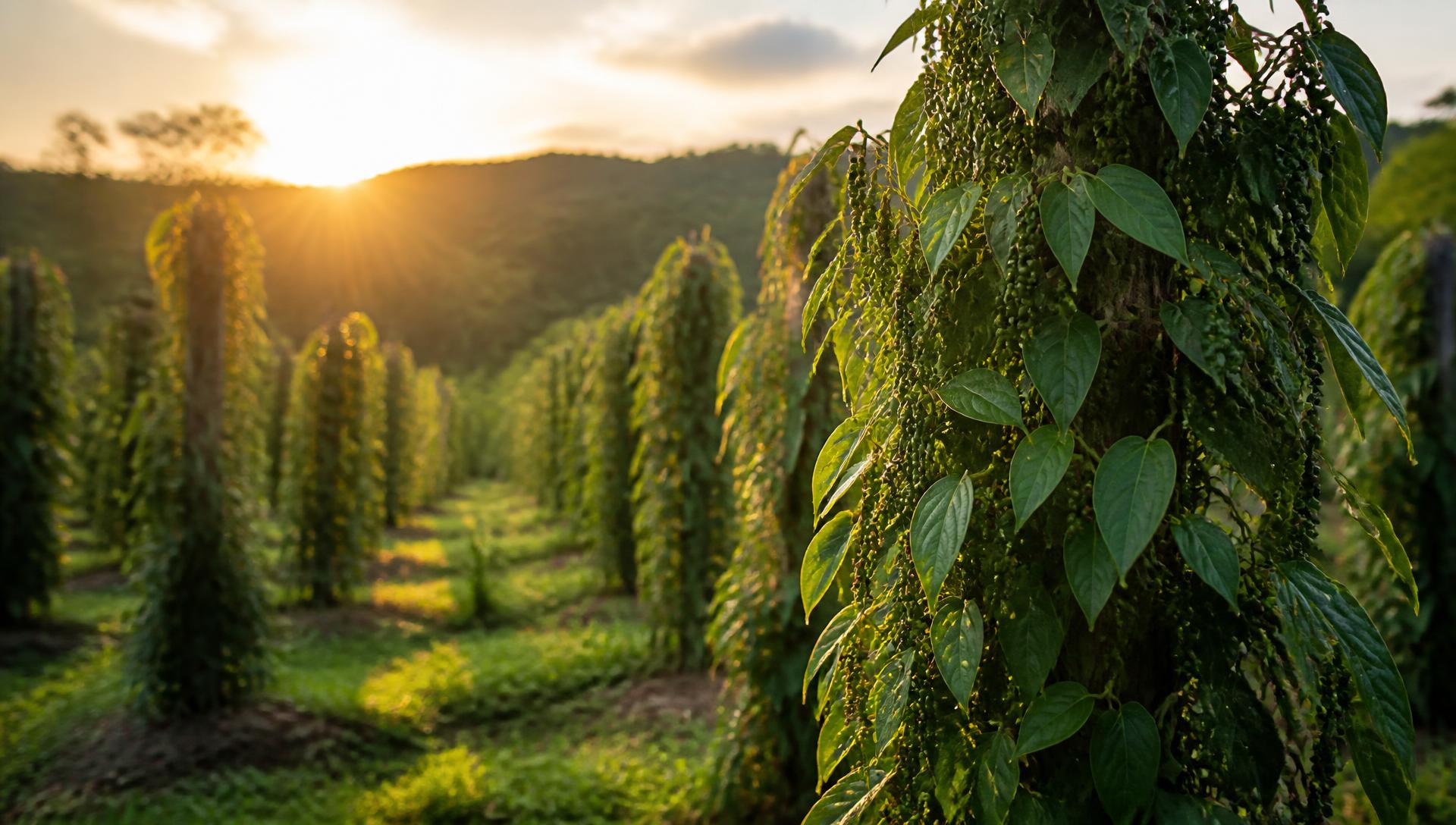 Plantação de pimenta-do-reino ao amanhecer no norte do Espírito Santo